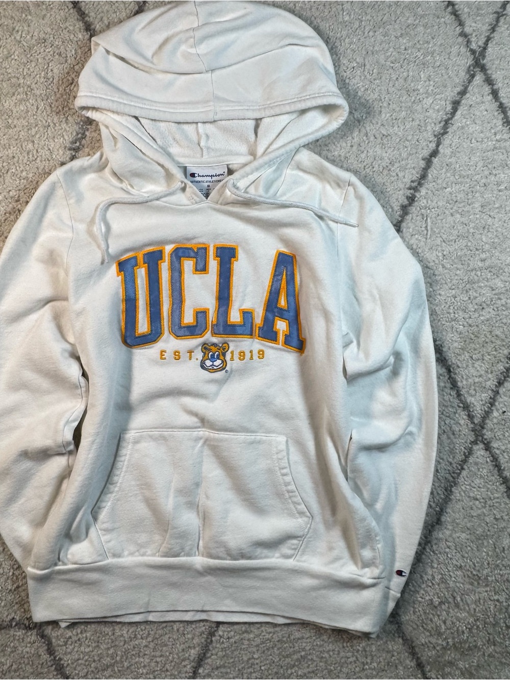 Champion White Hoodie with Blue & Gold Embroidered Logo